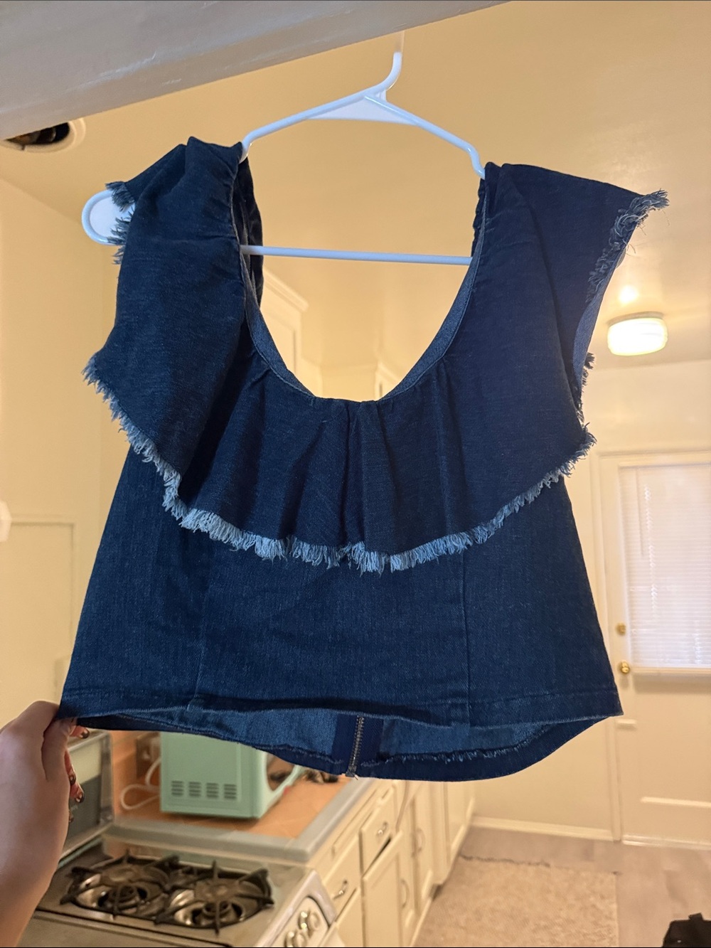 Jealous Tomato Dark Blue Denim Ruffle Crop Top